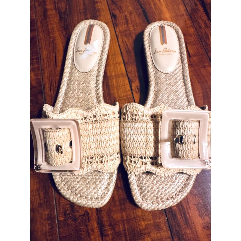 Sam Edelman NY Bambi Coastal Effortless Natural Raffia Buckle Slide Sandals 8M
